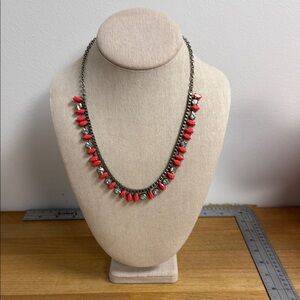 J Crew antique silver tone collar necklace with rhinestone and salmon pink beads